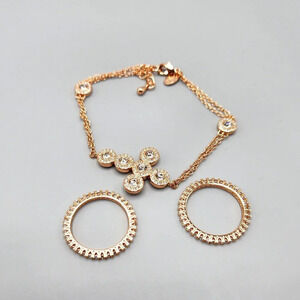 Joan Boyce Pave Crystal Christian Cross Bracelet w/ Rings Rose Gold Tone